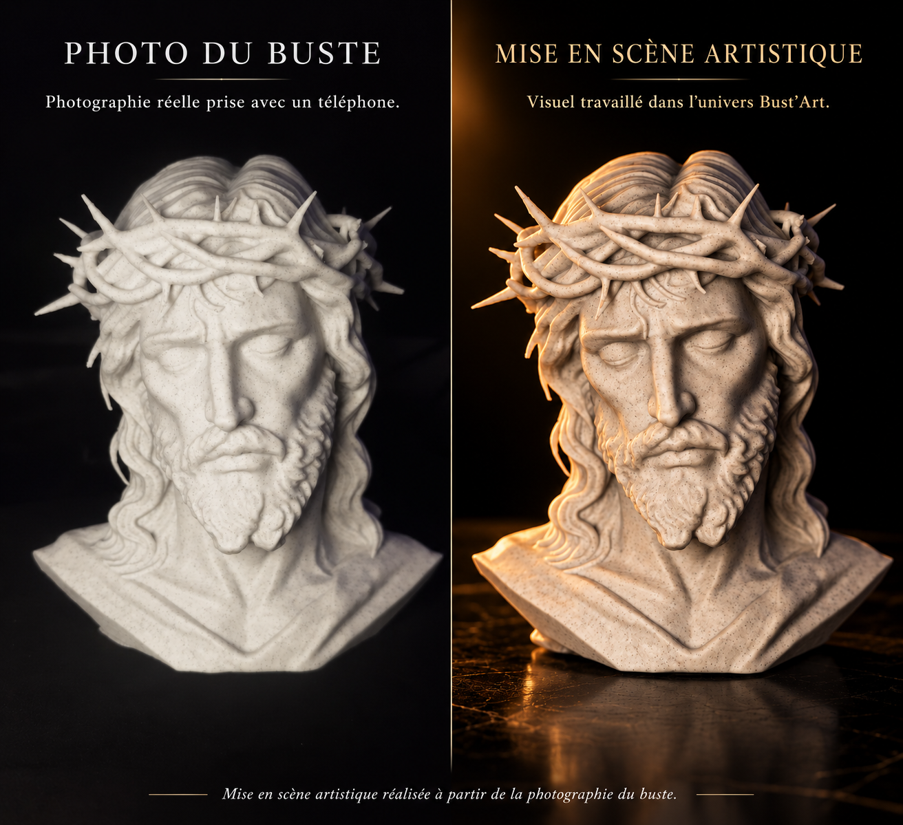 Buste du Christ : photographie du buste à gauche, mise en scène artistique à droite