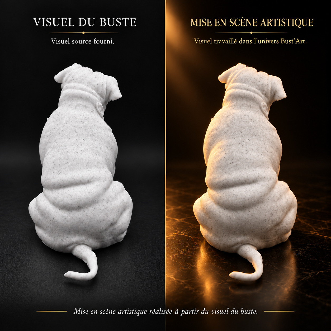 Le compagnon vue de dos : visuel source du buste à gauche, mise en scène artistique à droite