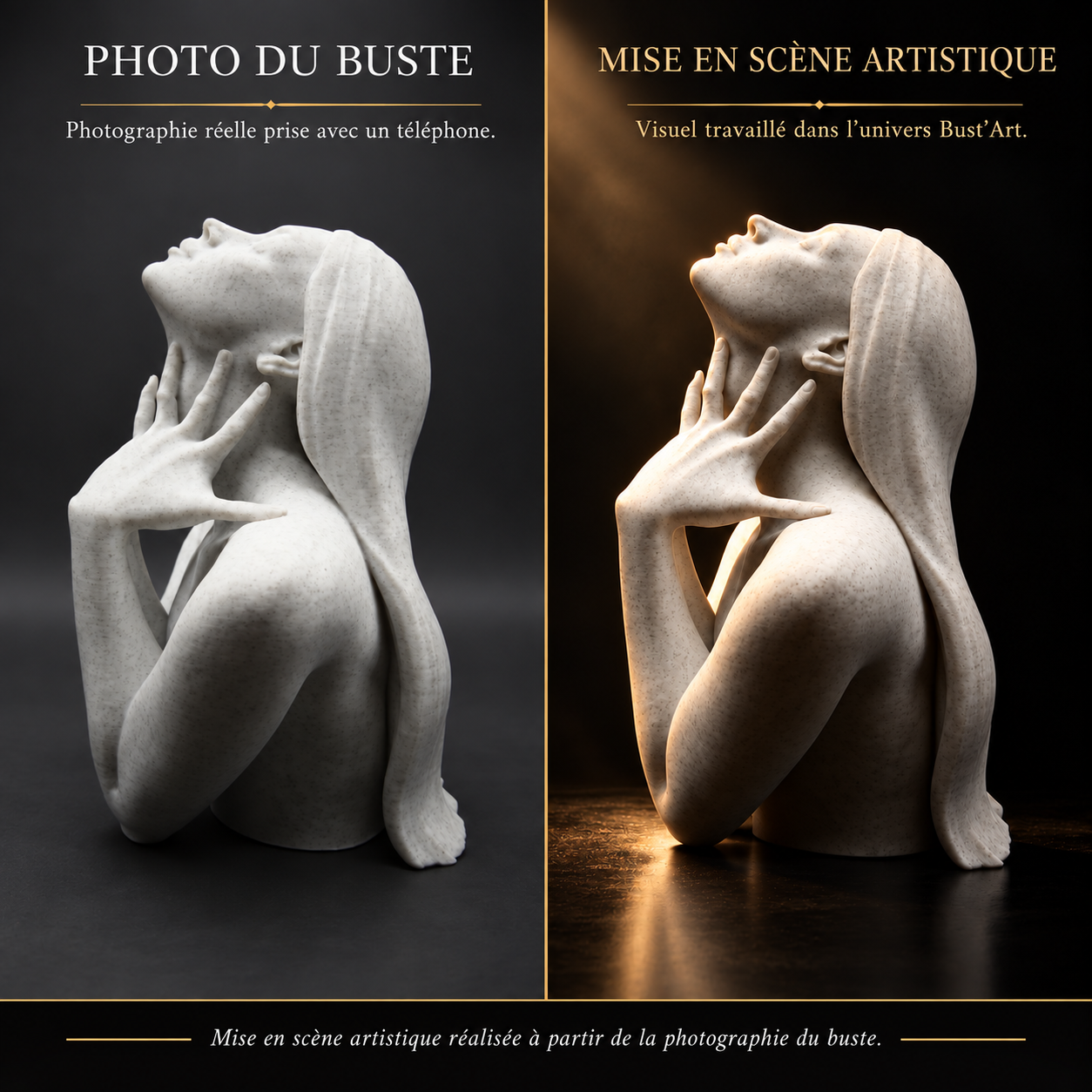 L’élégance de profil : photographie du buste à gauche, mise en scène artistique à droite