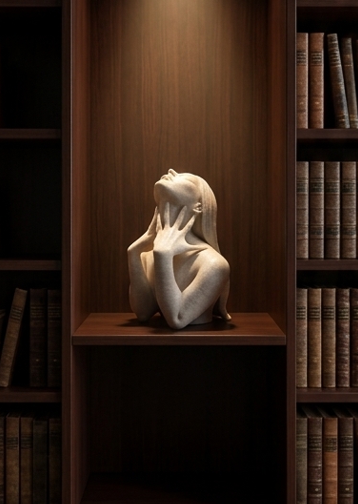 Buste L’élégance exposé dans une bibliothèque en bois, entre des livres